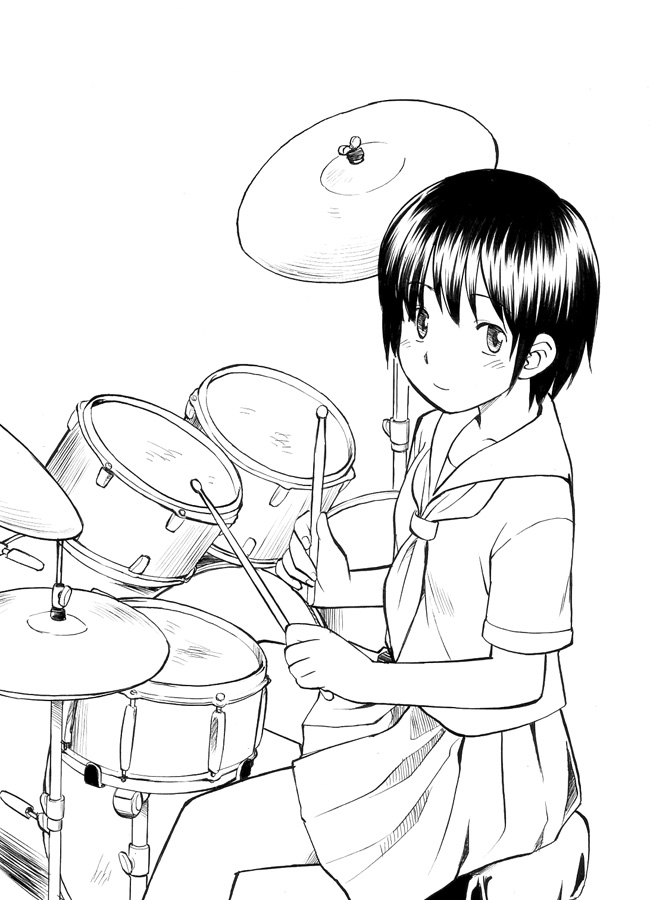 hinemosu notari, original, 1girl, blush, drum, drum set, female focus, greyscale, instrument, looking at viewer, monochrome, music, pleated skirt, school uniform, serafuku, simple background, sitting, skirt, solo, white background