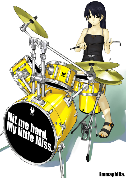 original, 1girl, bare shoulders, black eyes, black hair, drum, drum set, female focus, instrument, long hair, music, riding crop, sandals, shadow, solo