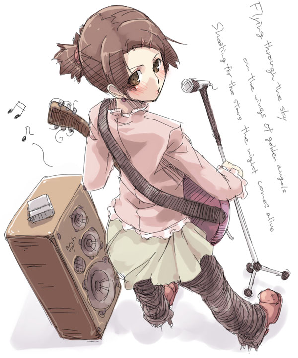 kyo (kuroichigo), original, 1girl, beamed quavers, electric guitar, english text, female focus, from behind, guitar, instrument, long sleeves, looking back, microphone, microphone stand, music, musical note, quaver, sketch, solo, speaker