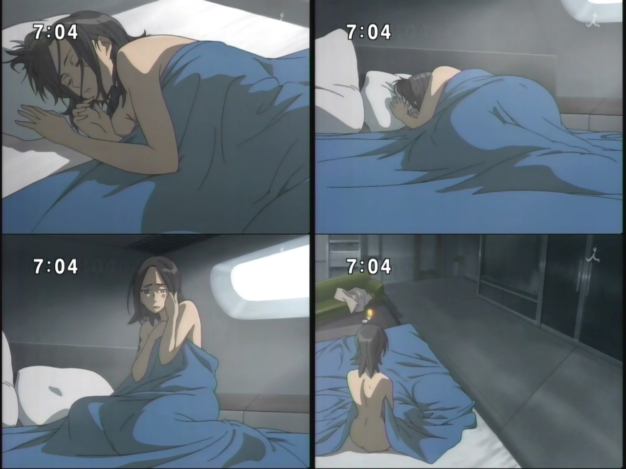 talho yuuki, eureka seven, eureka seven (series), screencap, anime screenshot, 00s, 1girl, ass, bed, bed sheet, blanket, clock, clockshow, digital clock, indoors, naked sheet, nude, solo, tattoo, under covers, waking up