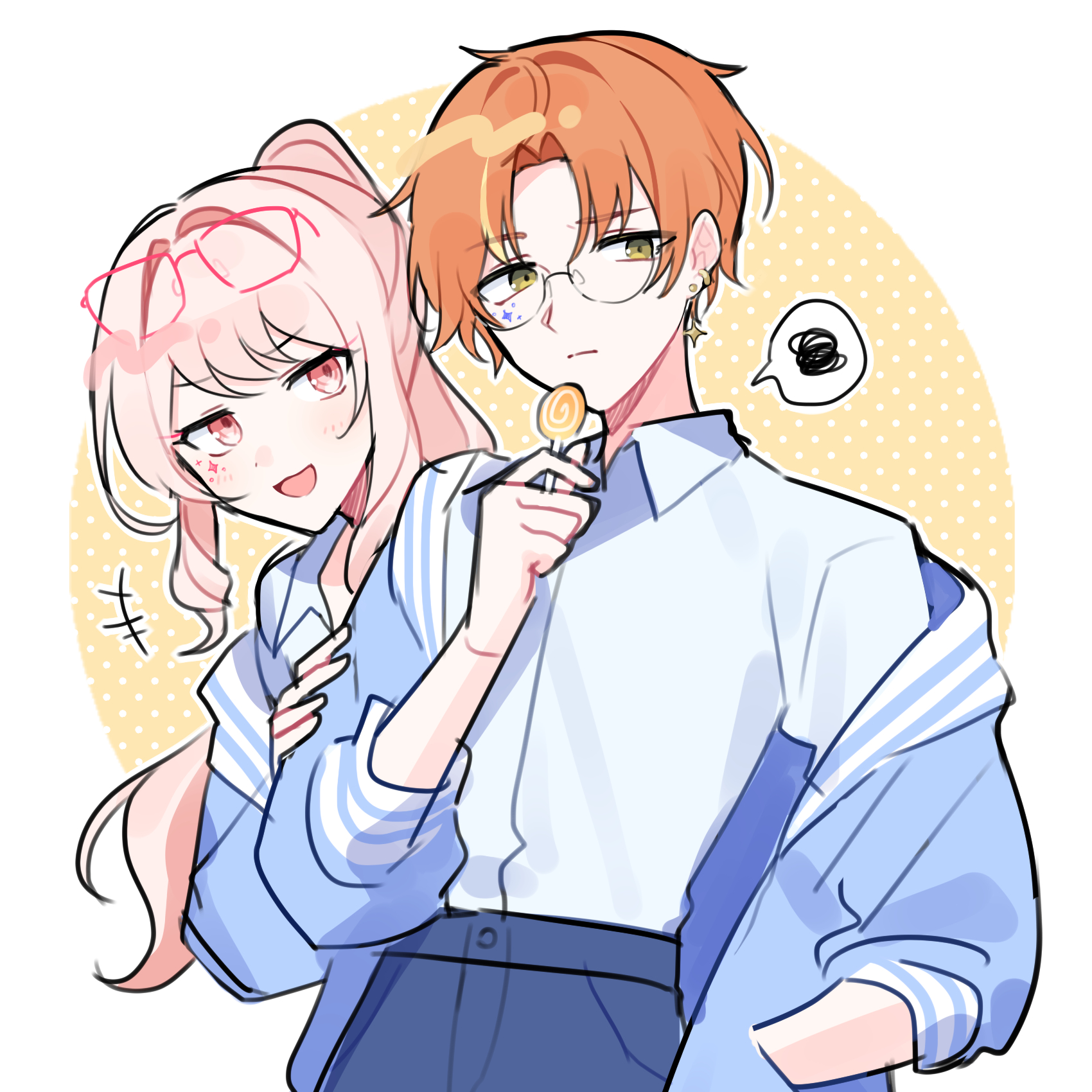 waka (wk4444), akiyama mizuki, shinonome akito, project sekai, commentary request, highres, +++, 1boy, 1other, :3, :d, blue jacket, blue shorts, blush, closed mouth, collared shirt, glasses, green eyes, hand in pocket, high ponytail, jacket, kaitou shinshi no harahara!? white day (project sekai), long sleeves, off shoulder, open mouth, orange hair, pink eyes, pink hair, ponytail, shirt, shorts, smile, spoken squiggle, squiggle, white shirt