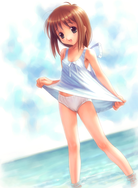 goto p, original, 1girl, bare legs, bare shoulders, black eyes, brown hair, cameltoe, clothes lift, cloud, covered erect nipples, day, dress, dress lift, female focus, flat chest, loli, open mouth, panties, skirt, skirt lift, sky, solo, sundress, underwear, upskirt, wading, water, white panties