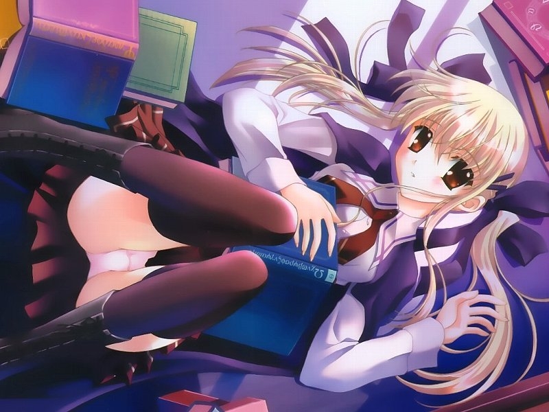nanao naru, tina (kerokero kingdom), panic!! kerokero kingdom, game cg, 1girl, blonde hair, blush, book, brown eyes, brown thighhighs, female focus, hair ribbon, long hair, looking at viewer, lying, on back, open book, panties, pantyshot, pleated skirt, ribbon, school uniform, serafuku, skirt, solo, thighhighs, twintails, underwear, white panties