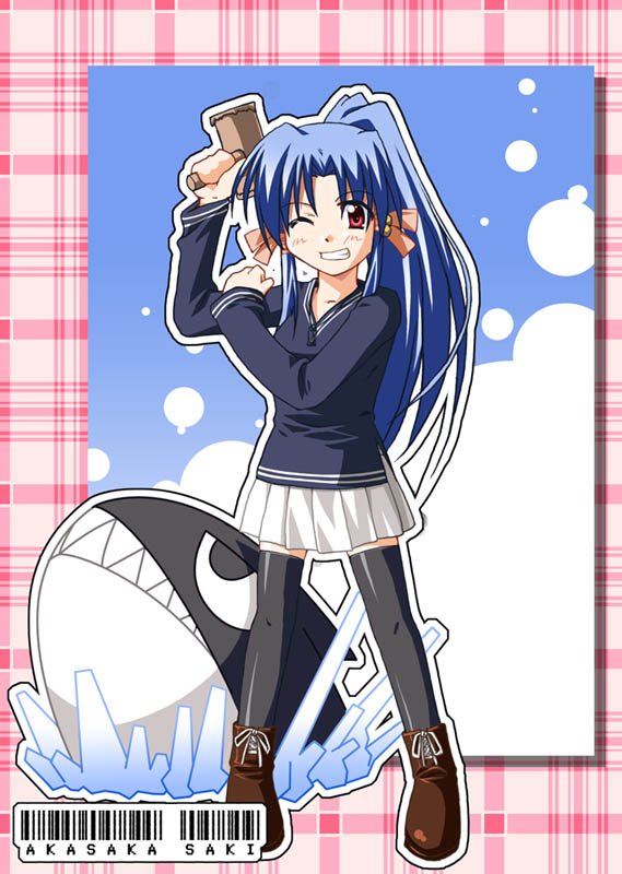 akasaka saki, aoba kozue, mahoraba, 00s, 1girl, black thighhighs, blue hair, bow, female focus, hammer, looking at viewer, one eye closed, pink bow, red eyes, solo, thighhighs, zettai ryouiki