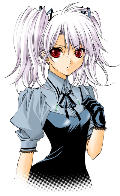 kouga yun, saba (sio), original, 1girl, albino, black gloves, dress, female focus, gloves, looking at viewer, red eyes, solo, twintails, white hair