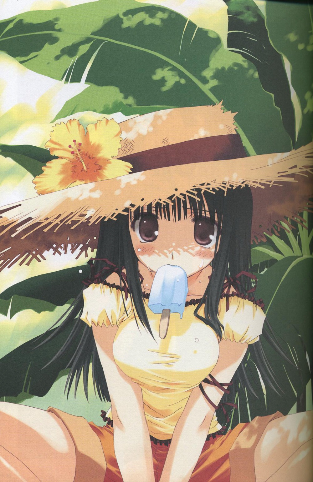 mitsumi misato, original, highres, 1girl, black hair, blush, female focus, flower, food, hat, hibiscus, long hair, popsicle, ribbon, solo, straw hat, summer, sun hat
