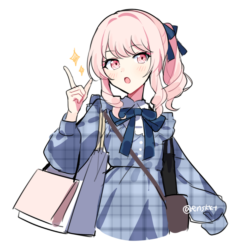 waka (wk4444), akiyama mizuki, project sekai, commentary request, 1other, :o, bag, blush, dress, fashion, french girly, hair ribbon, immiscible discord (project sekai), long hair, looking afar, other focus, pink eyes, pink hair, plaid clothes, plaid dress, pointing, pointing up, ribbon, shopping bag, side ponytail, sidelocks, simple background, solo, sparkle, twitter username, upper body, white background