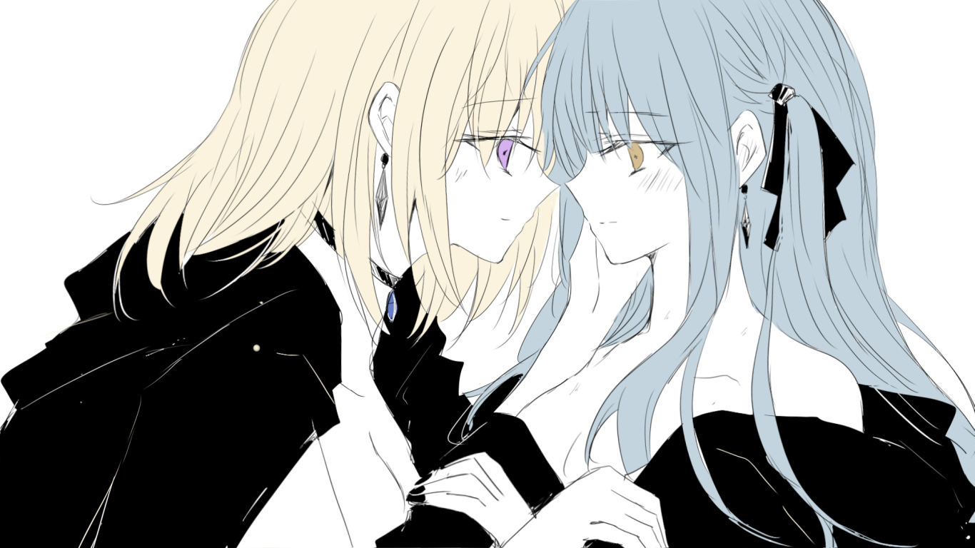 misumi uika, togawa sakiko, bang dream!, bang dream! it's mygo!!!!!, 2girls, 55ddee, black choker, black nails, black ribbon, blonde hair, blue hair, blush, breasts, choker, closed mouth, earrings, hair ribbon, jewelry, long hair, medium hair, multiple girls, off shoulder, purple eyes, ribbon, simple background, smile, sweat, two side up, white background, yellow eyes, yuri