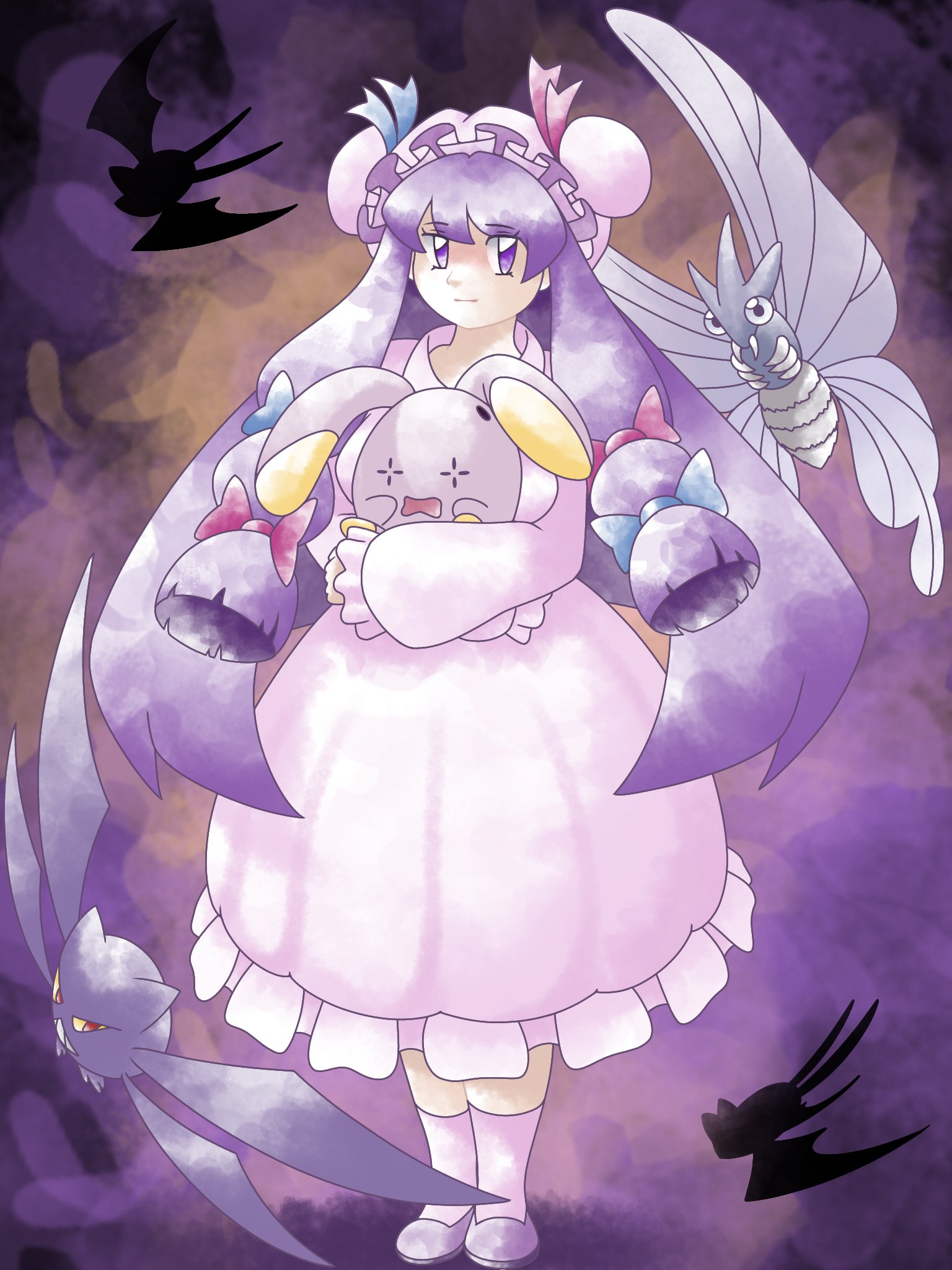 greatmothsucks, crobat, patchouli knowledge, venomoth, whismur, zubat, nintendo, pokemon, touhou, highres, 1girl, bat (animal), bow, bug, colored sclera, dress, fangs, flying, gen 1 pokemon, gen 2 pokemon, gen 3 pokemon, hair bow, hat, hat ornament, horns, long hair, looking at viewer, mob cap, pokemon (creature), purple eyes, purple hair, ribbon, wings, yellow sclera