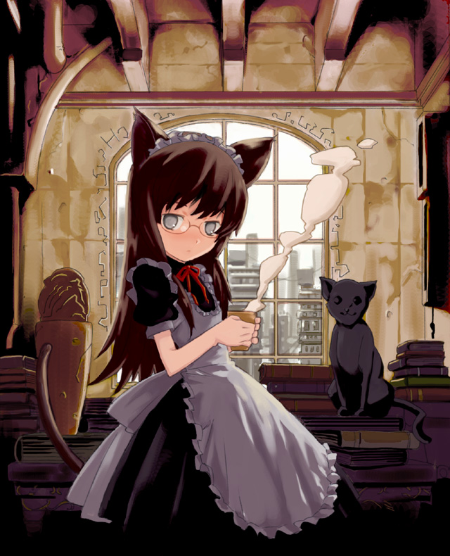 rato, animal ears, arched window, bonnet, cat, cat ears, cat girl, cat tail, coffee, glasses, grey eyes, long hair, maid, solo, source, tail, window