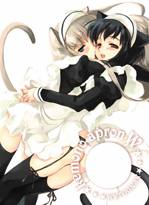 lugosi ela, original, 2girls, animal ears, arms around neck, ass, black hair, black thighhighs, cat ears, cat girl, cat tail, garter belt, hug, kiss, kissing cheek, maid, maid headdress, multiple girls, tail, thighhighs, white hair, yuri, zettai ryouiki