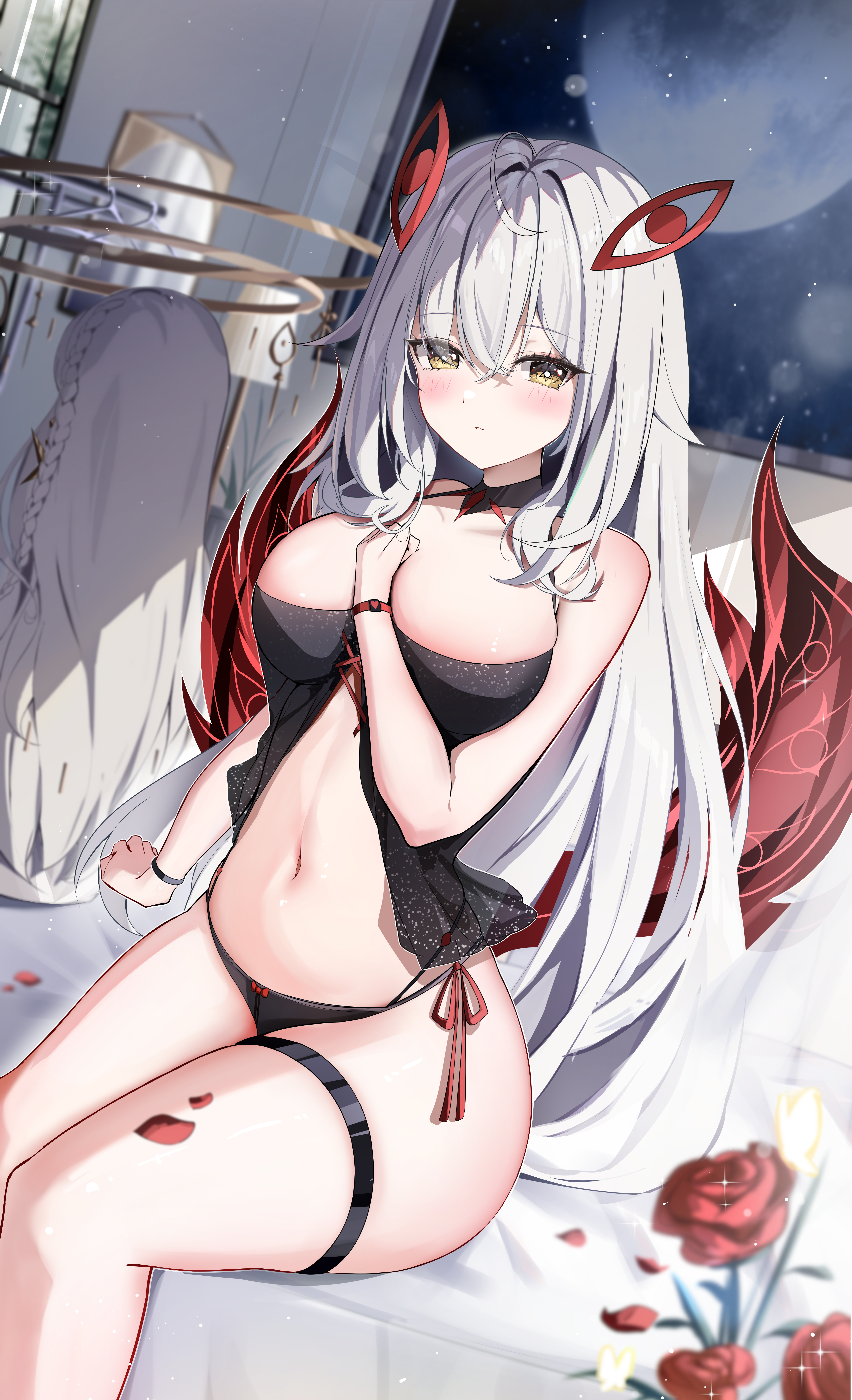 yeni1871, istaroth (genshin impact), ronova (genshin impact), genshin impact, absurdres, commentary request, highres, 2girls, bare shoulders, black panties, blush, breasts, closed mouth, fingernails, flower, grey hair, hair between eyes, halo, indoors, large breasts, long hair, looking at viewer, multiple girls, navel, panties, red flower, sitting, stomach, thigh strap, underwear, very long hair, yellow eyes