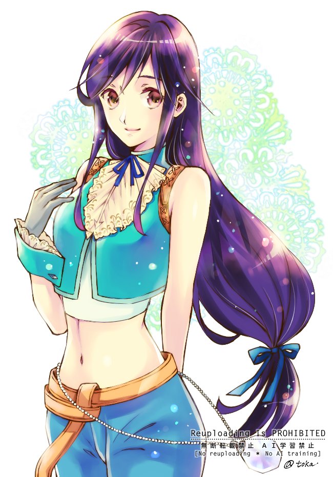 quichi 91, garnet til alexandros xvii, zidane tribal, final fantasy, final fantasy ix, 1girl, aqua vest, aqua wrist cuffs, arm behind back, ascot, bare shoulders, belt, black hair, blue pants, blue ribbon, breasts, brown belt, brown eyes, closed mouth, cosplay, cowboy shot, crop top, cropped vest, crystal, gloves, grey gloves, hair between eyes, hair ribbon, hand on own chest, light smile, long hair, looking at viewer, low-tied long hair, medium breasts, midriff, navel, neck ribbon, pants, ribbon, shirt, sleeveless, sleeveless shirt, solo, twitter username, vest, white ascot, white shirt, wrist cuffs, zidane tribal (cosplay)