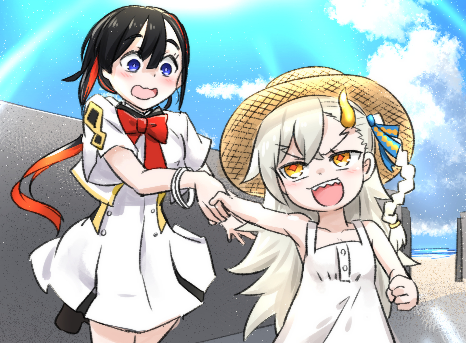 neon-tetora, olga marie animusphere, fate/grand order, fate (series), commentary request, highres, + +, 2girls, :d, bare arms, bare shoulders, beach, black hair, blue eyes, blue sky, bow, braid, brown hat, cloud, cropped jacket, day, dress, grey hair, hair between eyes, hand grab, hat, horizon, horns, jacket, jeunesse crane (fate), long hair, multicolored hair, multiple girls, ocean, open clothes, open jacket, open mouth, orange eyes, outdoors, red bow, red hair, sand, sharp teeth, short sleeves, single horn, sky, smile, teeth, thick eyebrows, two-tone hair, v-shaped eyebrows, very long hair, water, wavy mouth, white dress, white jacket