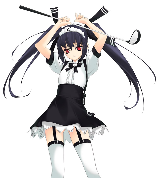 kooh (pangya), pangya, arms up, black garter straps, black hair, cathead, dress, garter belt, garter straps, golf club, hairband, red eyes, solo, thighhighs, twintails, white thighhighs