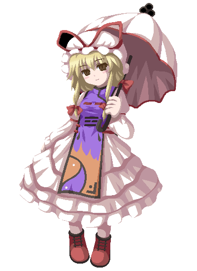 fukaiton, yakumo yukari, touhou, 1girl, blonde hair, brown eyes, dress, female focus, full body, hat, hat ribbon, head tilt, looking at viewer, mob cap, parasol, purple tabard, red ribbon, red shoes, ribbon, shoes, simple background, smile, solo, standing, tabard, umbrella, white background, white dress, white hat, yellow eyes