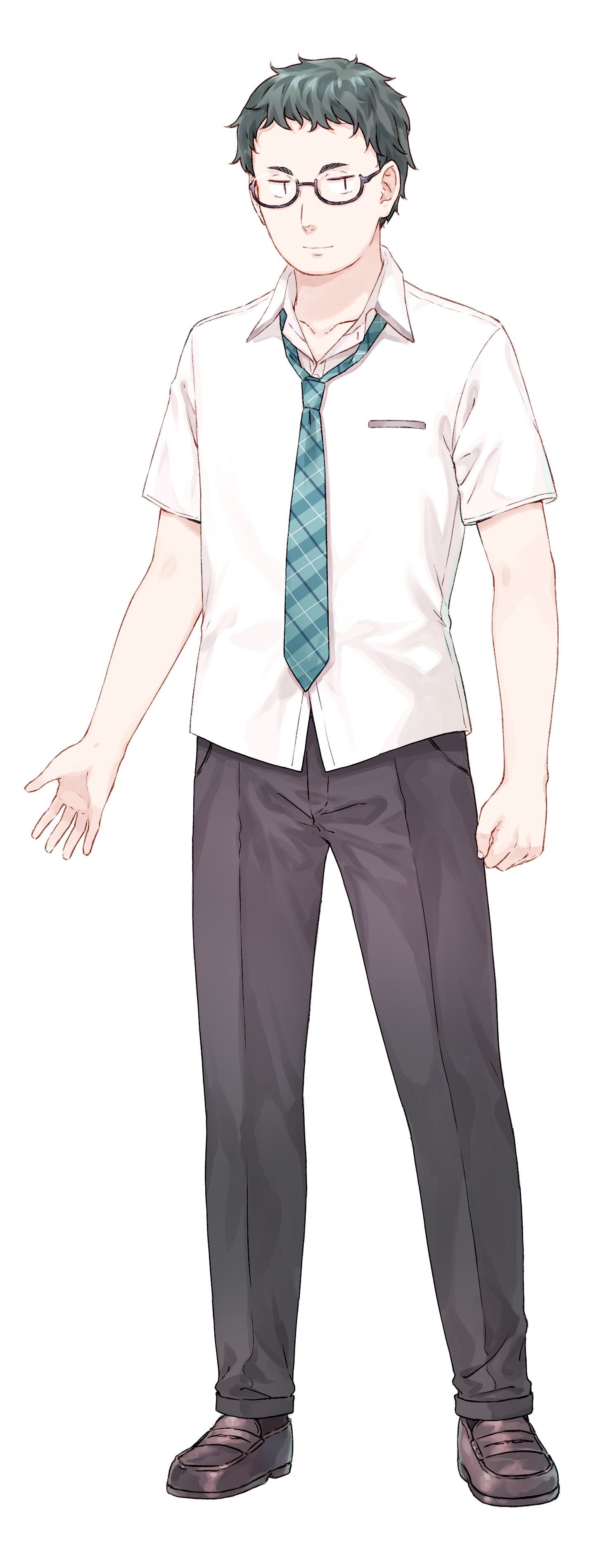 hiten (hitenkei), maru tomokazu, gimai seikatsu, absurdres, commentary request, highres, official art, second-party source, 1boy, aqua necktie, black-framed eyewear, black hair, black pants, brown shoes, closed mouth, collared shirt, full body, glasses, loafers, looking at viewer, male focus, necktie, pants, plaid clothes, plaid necktie, school uniform, semi-rimless eyewear, shirt, shoes, short hair, simple background, solo, standing, tachi-e, under-rim eyewear, white background, white shirt