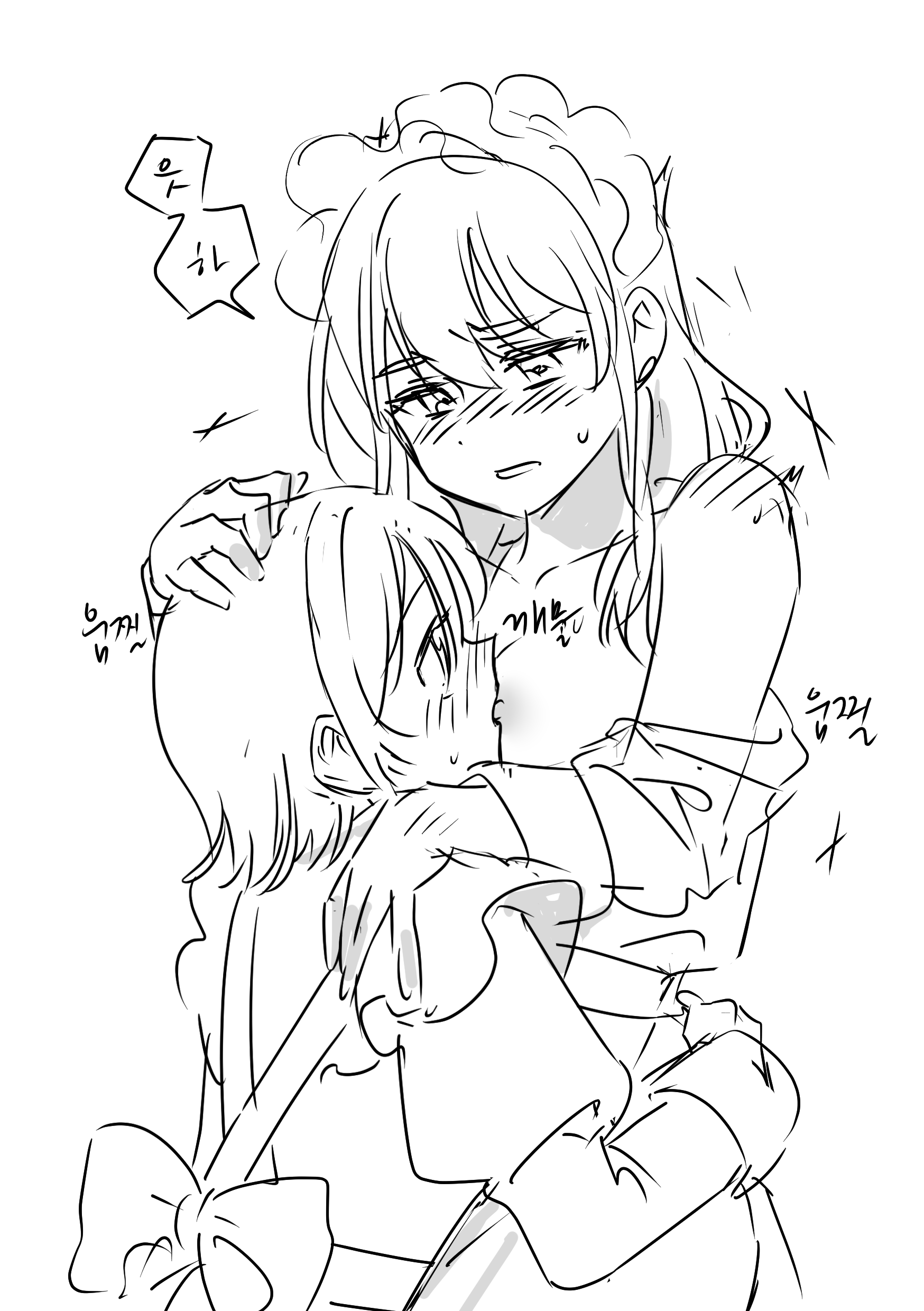 habsida (habsida hpy), iseri nina, kawaragi momoka, girls band cry, absurdres, commentary request, highres, korean commentary, translation request, 2girls, biting, blush, greyscale, hand on another's head, hand on another's waist, juliet sleeves, korean text, long hair, long sleeves, maid, maid headdress, monochrome, multiple girls, nipple biting, nipple stimulation, off shoulder, puffy sleeves, short hair, speech bubble, yuri