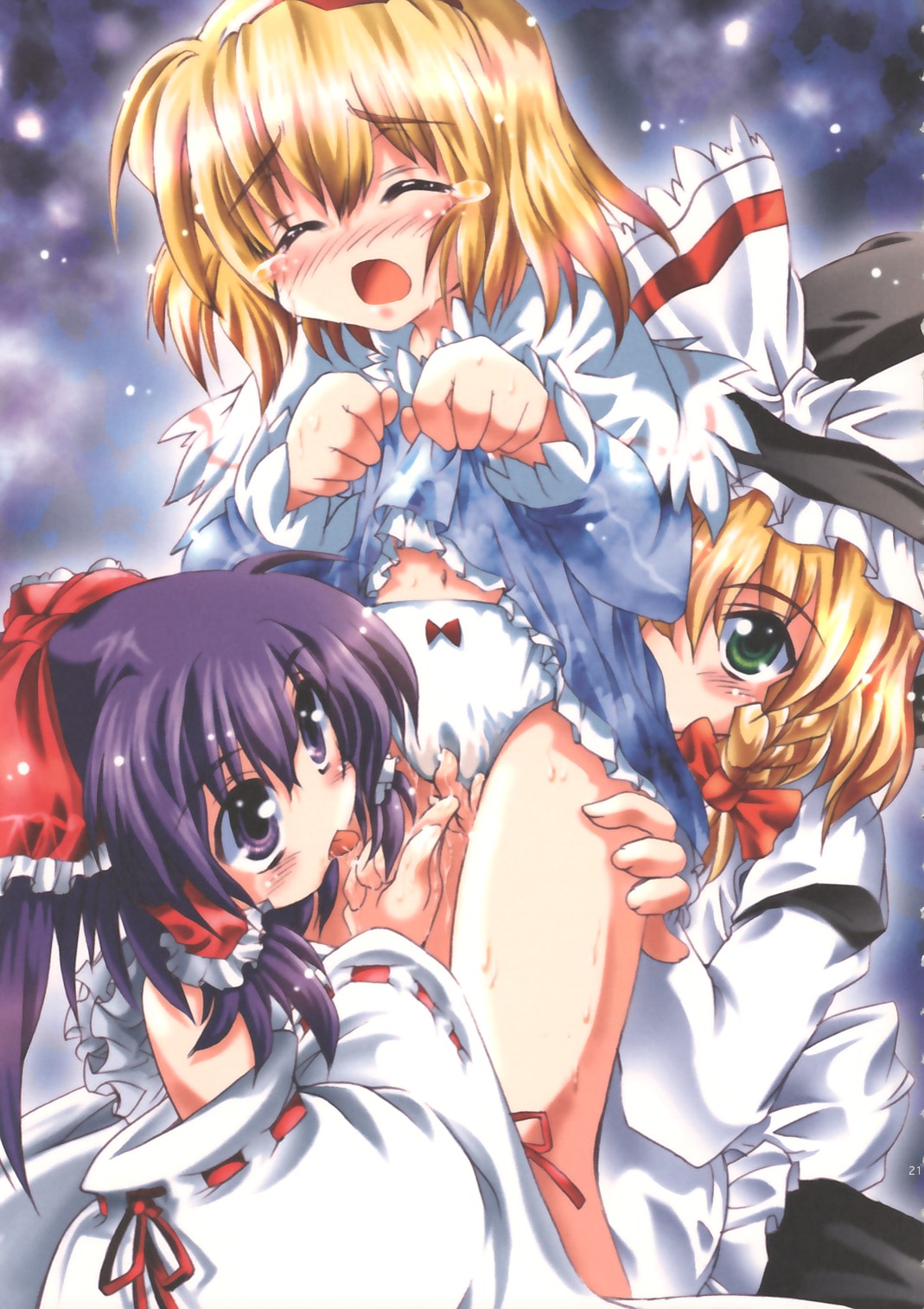 rei kazami, alice margatroid, hakurei reimu, kirisame marisa, touhou, highres, non-web source, 3girls, black hair, blonde hair, blush, bow, bow panties, braid, capelet, closed eyes, clothes lift, detached sleeves, dress, dress lift, female focus, fingering, fingering through clothes, green eyes, group sex, hair bow, hair tubes, hairband, hat, hat bow, kodomo doushi, loli, multiple girls, navel, open mouth, panties, purple eyes, pussy juice, tears, through clothes, tongue, tongue out, underwear, white panties, witch hat, yuri