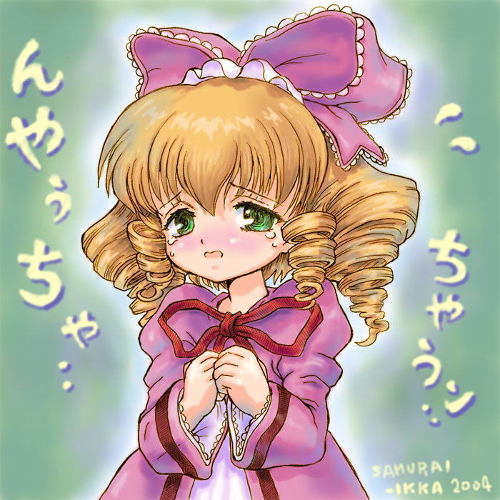 hinaichigo, rozen maiden, translation request, 00s, 1girl, blonde hair, blush, bow, child, dress, drill hair, female focus, green eyes, hair bow, pink bow, ribbon, sad, short hair, solo, tears