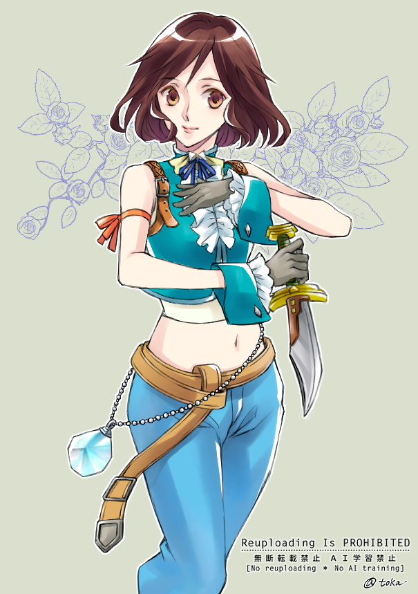 quichi 91, garnet til alexandros xvii, zidane tribal, final fantasy, final fantasy ix, 1girl, aqua vest, aqua wrist cuffs, arm up, ascot, bare shoulders, belt, blue pants, blue ribbon, breasts, brown belt, brown eyes, brown hair, cosplay, cowboy shot, crop top, cropped vest, crystal, dagger, fighting stance, floral background, gloves, grey background, grey gloves, hand on own chest, holding, holding dagger, holding knife, holding weapon, knife, light smile, medium breasts, midriff, navel, neck ribbon, pants, red ribbon, ribbon, shirt, short hair, sleeveless, sleeveless shirt, solo, twitter username, vest, weapon, white ascot, white shirt, wrist cuffs, zidane tribal (cosplay)