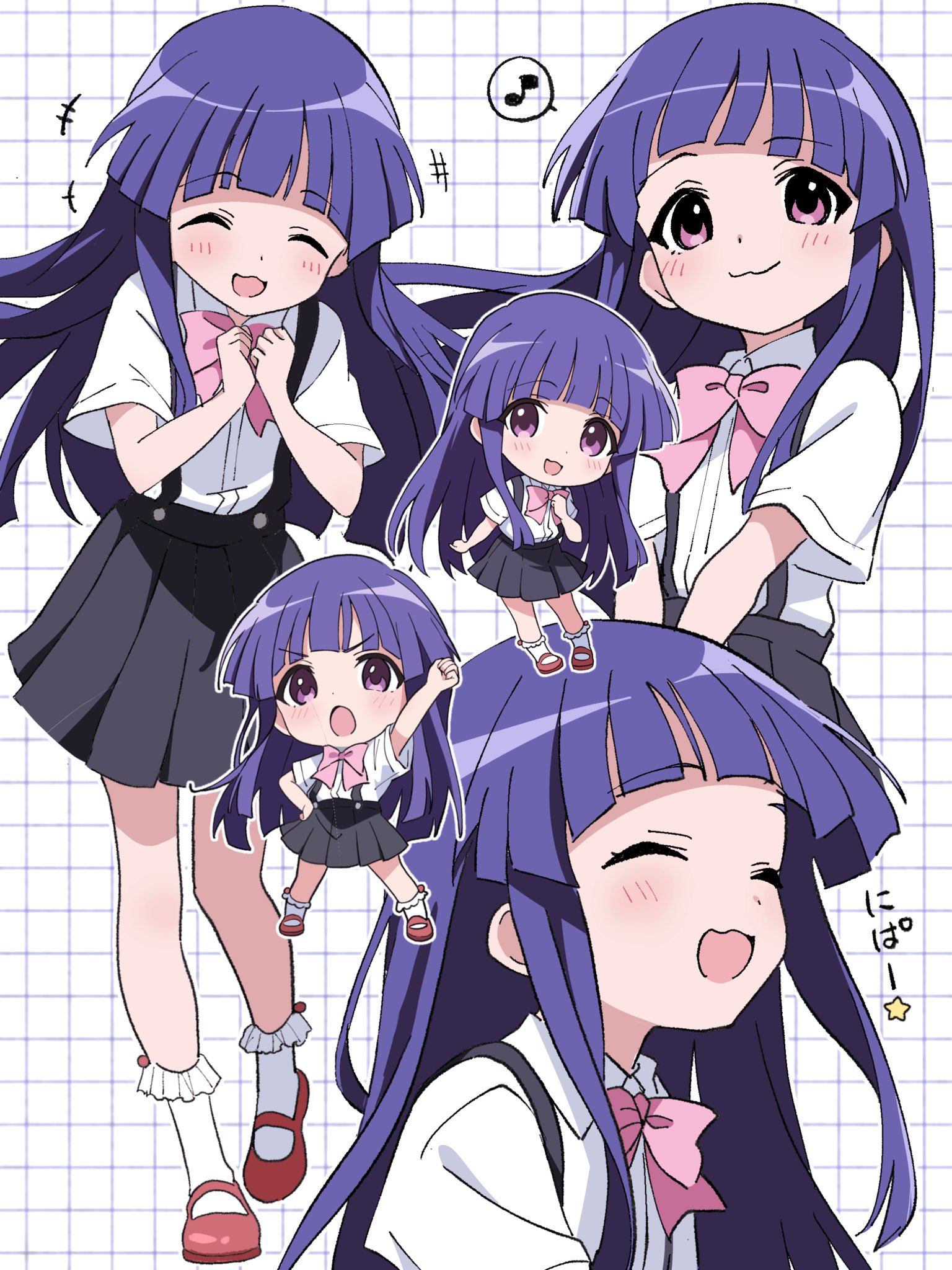 niyane, furude rika, higurashi no naku koro ni, commentary request, highres, +++, 1girl, :3, :d, :o, ^ ^, arm up, black skirt, blunt bangs, blush, bow, bowtie, chibi, closed eyes, closed mouth, collared shirt, frilled socks, frills, grid background, hand on own hip, long hair, multiple views, musical note, nipa~, open mouth, outline, outstretched arm, pink bow, pink bowtie, pleated skirt, purple eyes, purple hair, red shoes, shirt, shoes, short sleeves, skirt, smile, socks, spoken musical note, star (symbol), suspender skirt, suspenders, v-shaped eyebrows, white background, white outline, white shirt, white socks