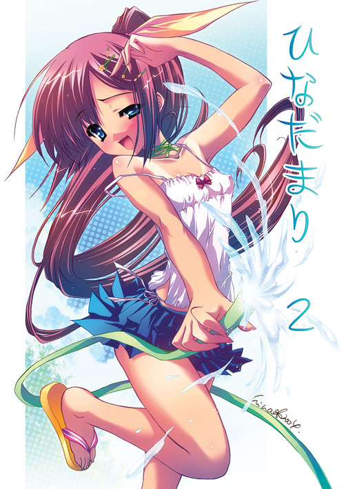 original, 1girl, arm up, bare shoulders, barefoot, blue eyes, bow, female focus, hair bow, hose, long hair, open mouth, pleated skirt, ponytail, purple hair, sandals, skirt, solo, strap slip, tan, tanline, very long hair, water