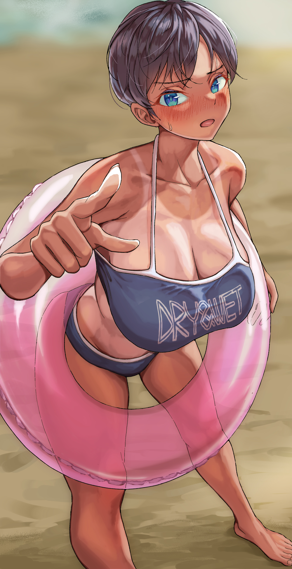 ginyanagi, original, commentary request, highres, 1girl, bare legs, barefoot, beach, bikini, black bikini, black hair, blue hair, blush, breasts, cleavage, feet, holding, holding swim ring, innertube, large breasts, looking at viewer, open mouth, outdoors, pink innertube, pointing, short hair, standing, sweatdrop, swim ring, swimsuit, tan, tanline, toes, tomboy