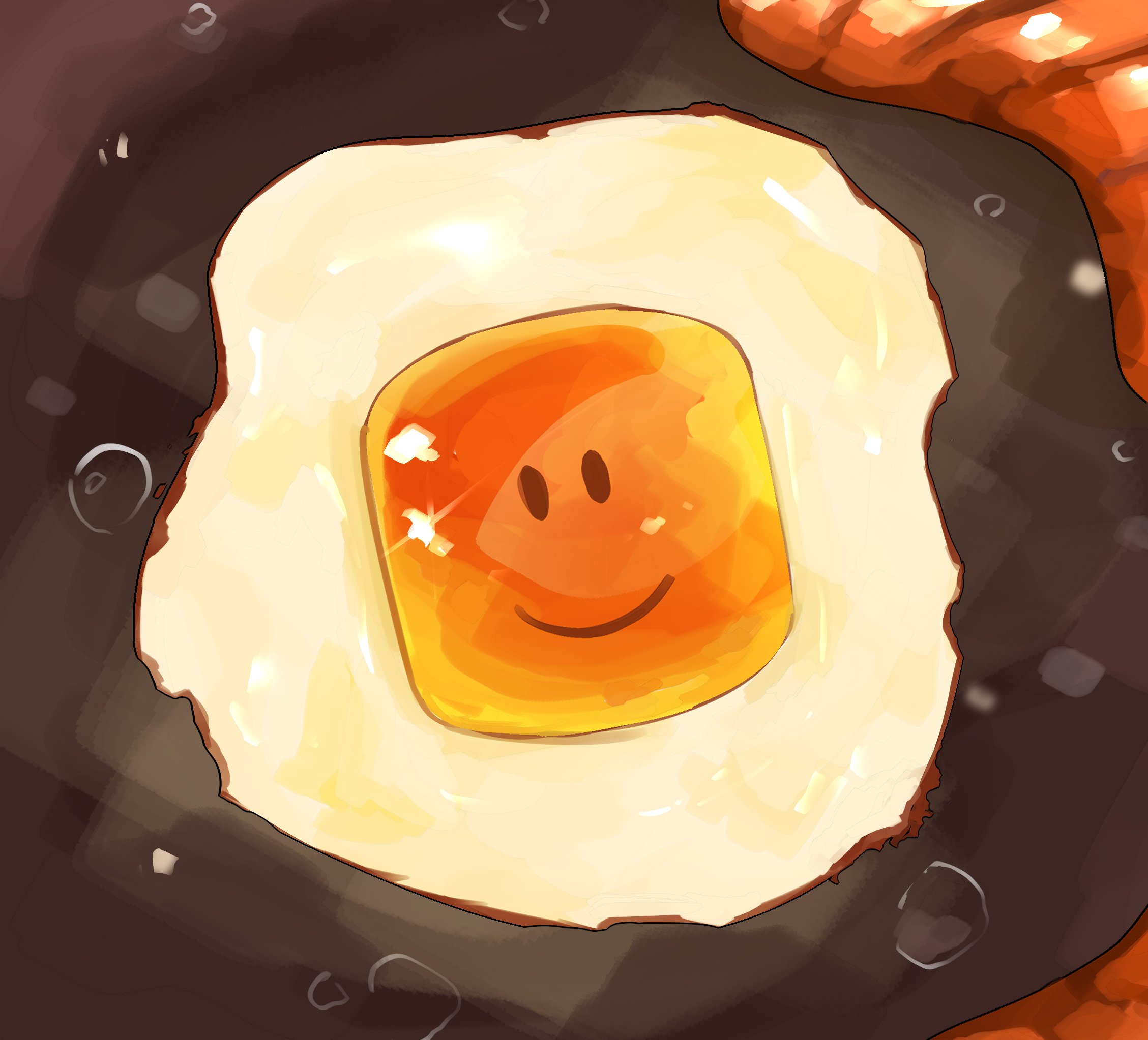 himochuu, roblox, commentary, english commentary, highres, breakfast, character-themed food, egg (food), food, food focus, fried egg, from above, no humans, painterly, sausage, smile, sparkle
