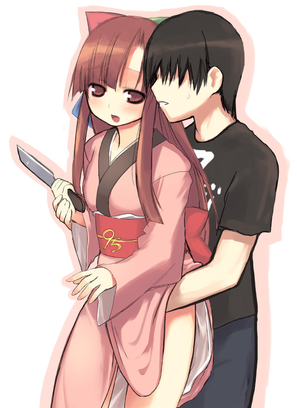 kashiwamochi yomogi, 95-tan, os-tan, 1boy, 1girl, arms around waist, black hair, brown hair, faceless, faceless male, fingering, hand under clothes, hetero, hug, hug from behind, japanese clothes, kimono, knife, long hair, obi, open mouth, pink eyes, sash