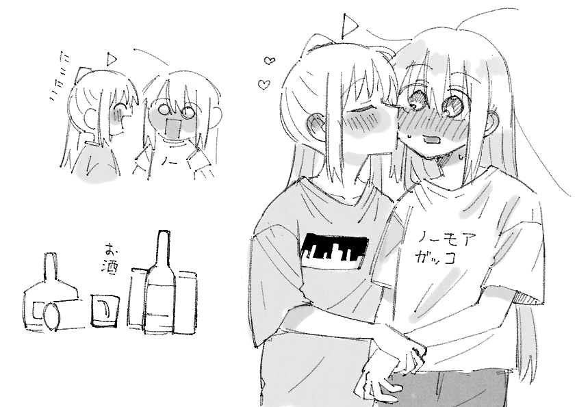 d3g takahashi, gotoh hitori, ijichi nijika, bocchi the rock!, commentary, translation request, 2girls, ahoge, alcohol, blush, drunk, greyscale, heart, holding another's wrist, long hair, monochrome, multiple girls, ponytail, shirt, short sleeves, sweat, yuri