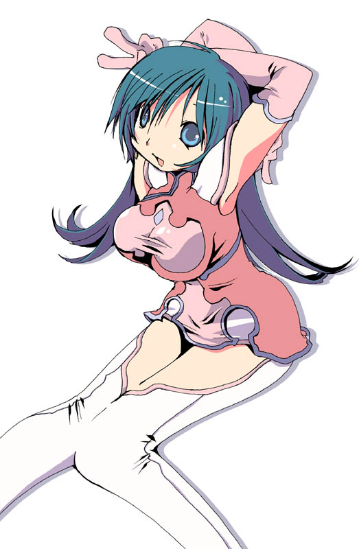 shikage nagi, kotona elegance, zoids, zoids genesis, 00s, 1girl, :d, aqua hair, armpits, arms behind head, arms up, blue eyes, boots, breasts, crossed arms, double v, dress, elbow gloves, female focus, gloves, hair between eyes, knees together feet apart, large breasts, long hair, looking at viewer, open mouth, parted bangs, pink gloves, profile, shadow, short dress, short sleeves, simple background, sitting, smile, solo, taut clothes, taut dress, thighhighs, turtleneck, v, white background, white boots, white thighhighs, wide hips, zettai ryouiki