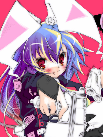kamiya yuu, reisen udongein inaba, touhou, 1girl, animal ears, break-action pistol, derringer, double-barreled pistol, dual wielding, female focus, gun, handgun, hands on own hips, holding, mauser c96, multiple-barrel gun, over-and-under-barreled pistol, pistol, rabbit ears, semi-automatic pistol, solo, weapon