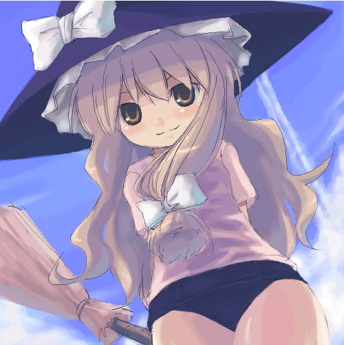 urara (ckt), kirisame marisa, touhou, 1girl, black one-piece swimsuit, broom, female focus, hat, no pants, oekaki, one-piece swimsuit, outdoors, school swimsuit, sky, solo, swimsuit, swimsuit under clothes, witch hat