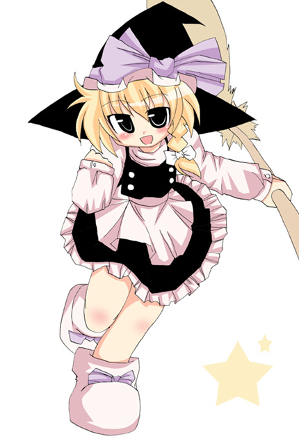 muuba, kirisame marisa, touhou, 1girl, black eyes, black hat, blonde hair, bow, broom, female focus, hat, holding, holding broom, open mouth, solo, star (symbol), witch hat