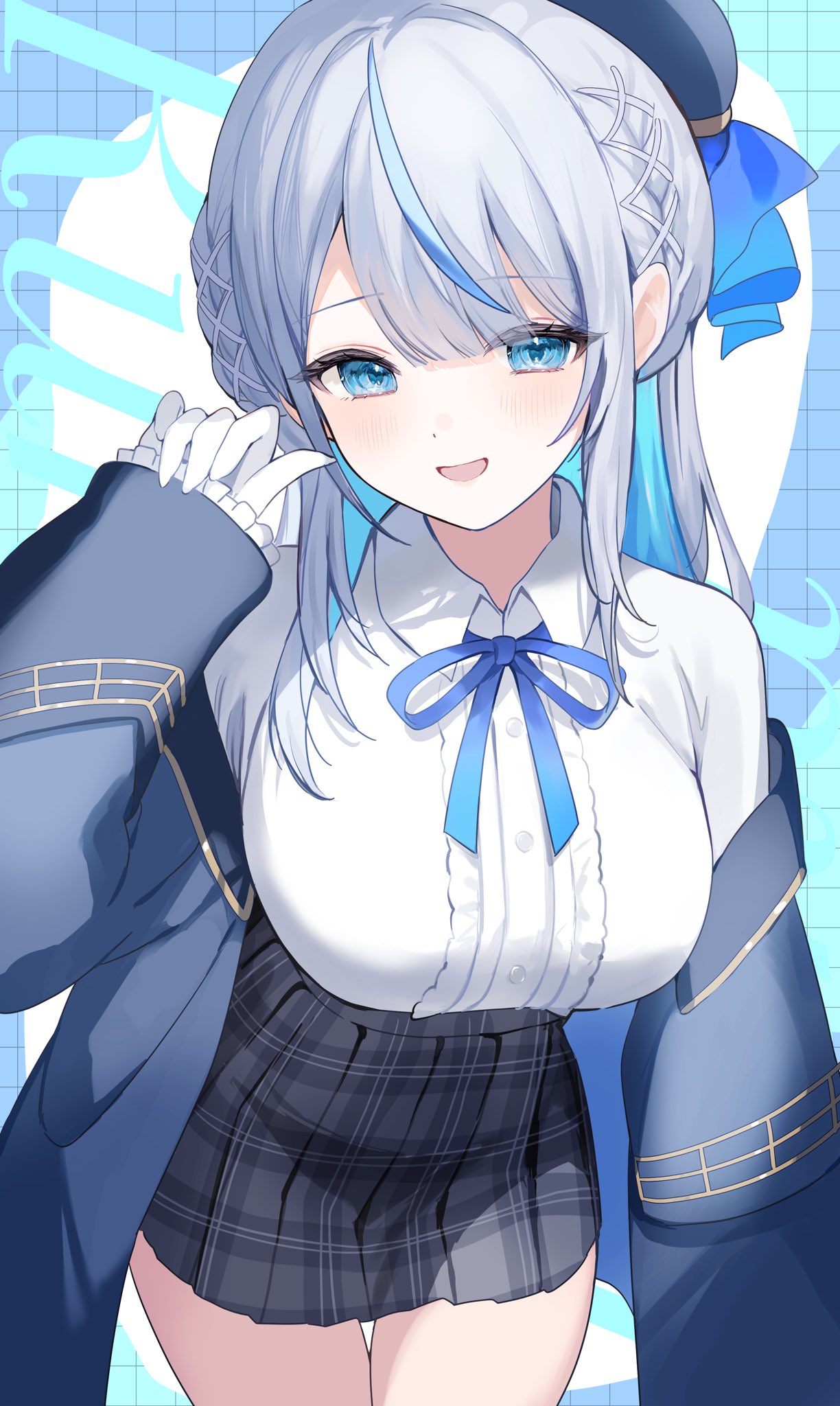 hell fuuna, amagai ruka, weather planet, commentary, highres, symbol-only commentary, 1girl, :d, beret, black skirt, blue coat, blue eyes, blue hair, blue hat, blue ribbon, blue streaks, breasts, center-flap bangs, center frills, coat, collared shirt, colored inner hair, frilled coat, frills, gloves, grey hair, half crown braid, hand up, hat, large breasts, long hair, looking at viewer, miniskirt, multicolored hair, neck ribbon, off shoulder, open mouth, plaid clothes, plaid skirt, pleated skirt, ribbon, shirt, shirt tucked in, skirt, smile, solo, streaked hair, virtual youtuber, white gloves, white shirt