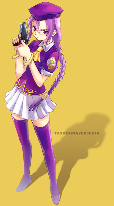 task owner, sion eltnam (type-moon), sion eltnam atlasia, melty blood, tsukihime, 00s, 1girl, beret, bracelet, braid, female focus, gun, handgun, hat, jewelry, long hair, pistol, pleated skirt, purple eyes, purple hair, purple thighhighs, school uniform, serafuku, shadow, skirt, solo, thighhighs, very long hair, weapon, zettai ryouiki