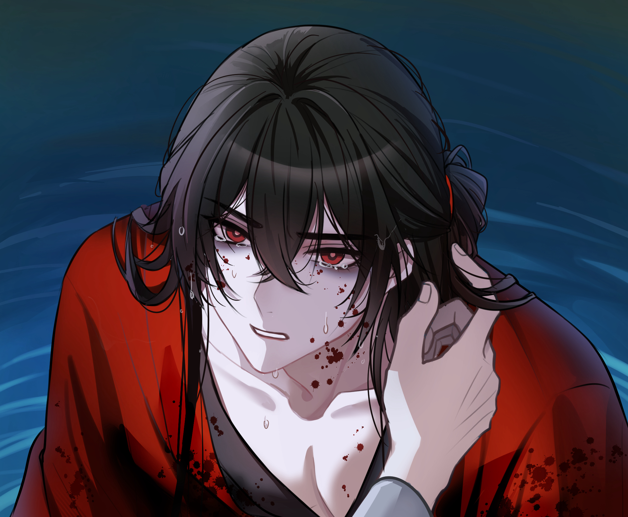 moxiaobingbuxiao, li huowang, zhuge yuan, dao gui yi xian, chinese commentary, highres, 2boys, bags under eyes, black hair, black hanfu, blood, blood on body, blood on clothes, blood on face, chinese clothes, coat, collarbone, crying, crying with eyes open, hair between eyes, hair bun, half updo, hand on another's shoulder, hanfu, holding another's hair, long hair, male focus, multiple boys, open clothes, open coat, out of frame, parted lips, partially submerged, pectoral cleavage, pectorals, pov, pov hands, red coat, red eyes, robe, single hair bun, solo focus, tears, upper body, water, wet, wet hair, yaoi