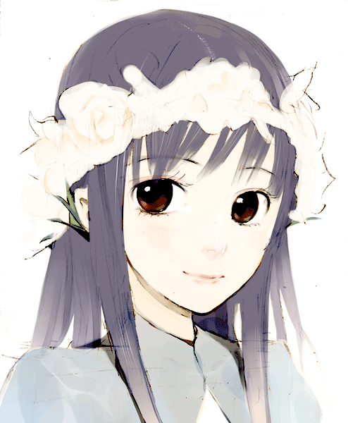 okama, original, 1girl, brown eyes, female focus, grey hair, head wreath, light smile, lips, looking at viewer, portrait, solo, upper body