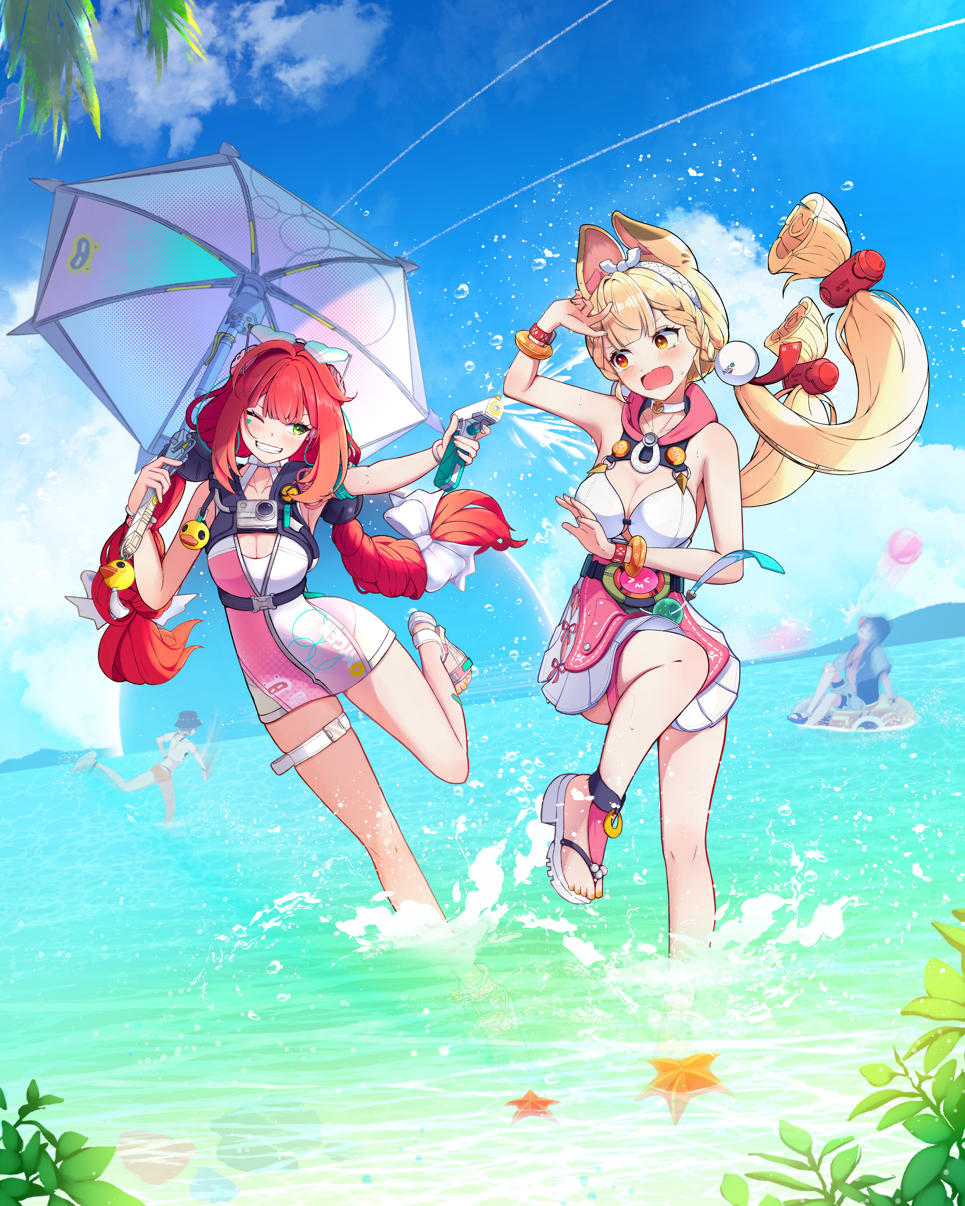 heykenp 12, alice thymefield, alice thymefield (sea of thyme), belle (summer skies) (zenless zone zero), belle (zenless zone zero), ukinami yuzuha, ukinami yuzuha (tanuki in broad daylight), wise (peaceful waves) (zenless zone zero), wise (zenless zone zero), zenless zone zero, absurdres, highres, 1boy, 3girls, animal ears, beach, blonde hair, blue sky, bow, braid, breasts, cleavage, closed mouth, cloud, hair bow, heterochromia, holding, holding umbrella, holding water gun, large breasts, long hair, looking at viewer, low twin braids, low twintails, medium breasts, multiple girls, official alternate costume, one-piece swimsuit, one eye closed, open mouth, pink one-piece swimsuit, rabbit ears, rabbit girl, red eyes, red hair, sky, swimsuit, twin braids, twintails, two-tone one-piece swimsuit, umbrella, very long hair, wading, water, water gun, white bow, white one-piece swimsuit, yellow eyes