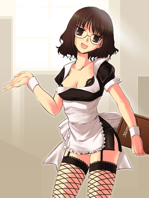 mk (mod0), kikuko (kazu), original, 1girl, apron, breasts, brown eyes, brown hair, cleavage, cuffs, curly hair, female focus, fishnet thighhighs, fishnets, garter belt, garter straps, glasses, large breasts, lingerie, panties, short hair, solo, thighhighs, underwear, waitress, wrist cuffs