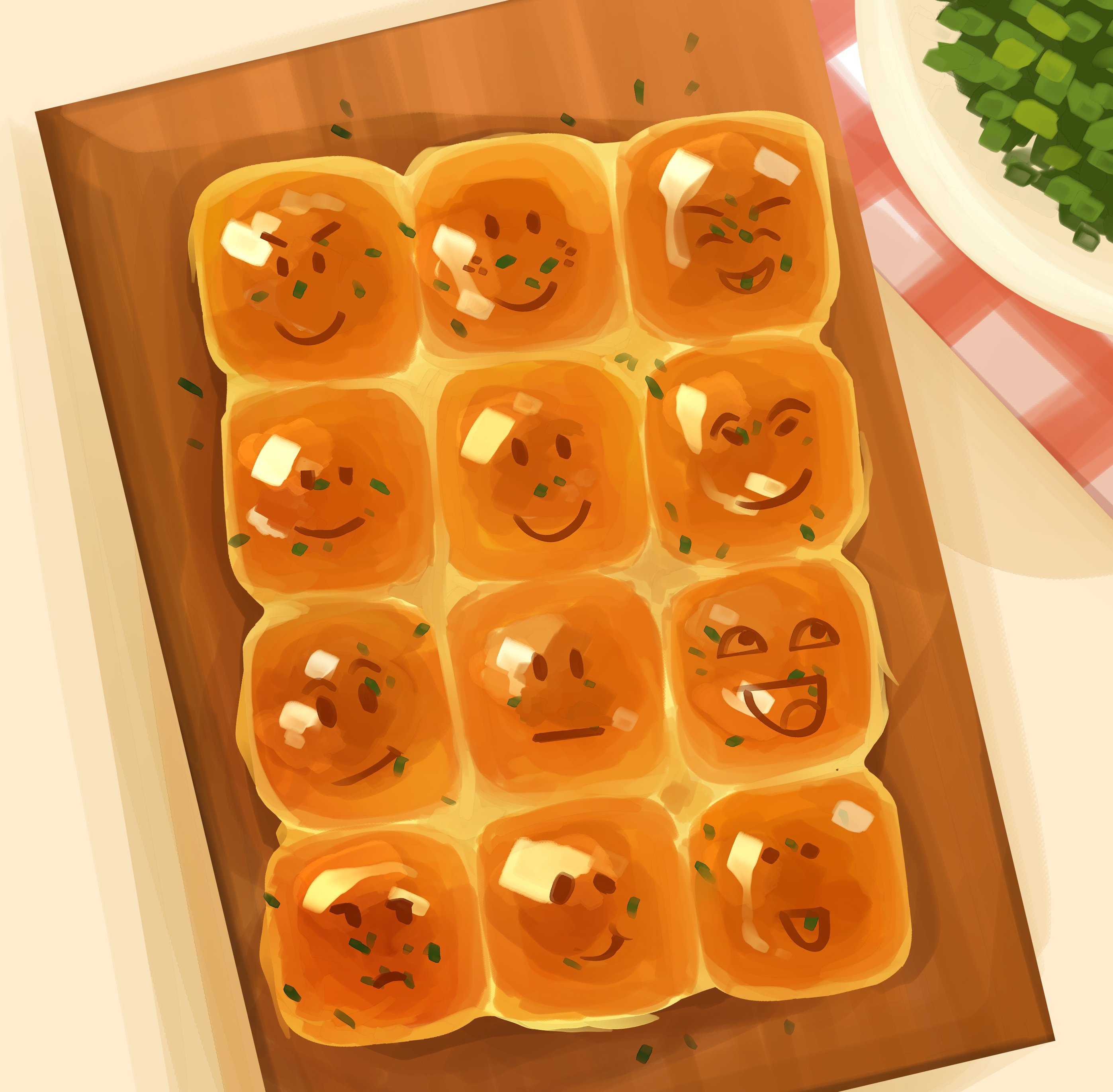 himochuu, roblox, absurdres, commentary, english commentary, highres, >:), :/, :d, :t, :|, bread bun, character-themed food, closed mouth, cutting board, food focus, from above, garnish, multiple expressions, no humans, open mouth, painterly, smile, smirk, v-shaped eyebrows