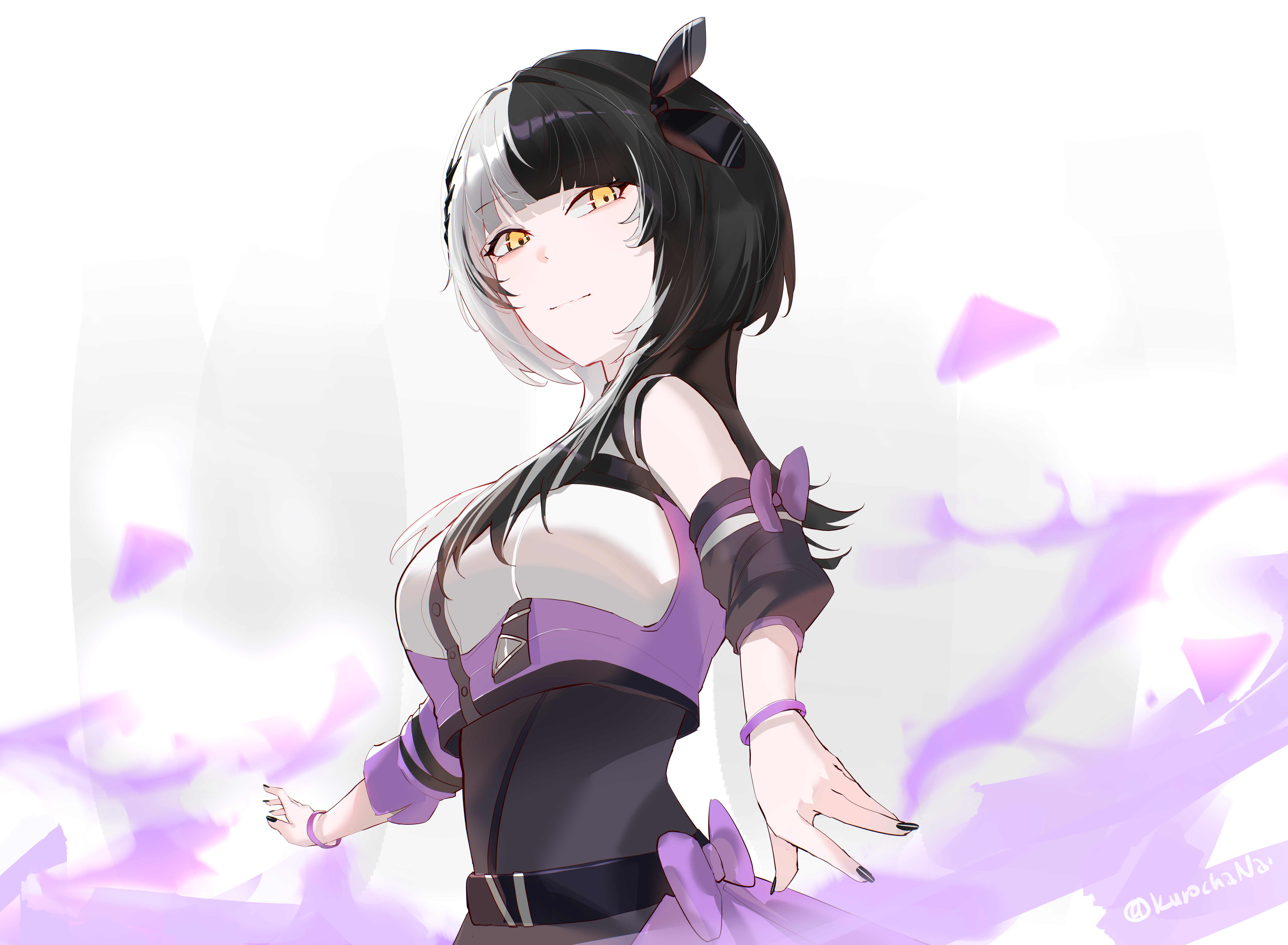 kurochanai, shiori novella, hololive, hololive english, absurdres, highres, 1girl, black hair, black nails, bow, bracelet, closed mouth, grey hair, idol clothes, jewelry, long hair, looking at viewer, multicolored hair, multicolored shirt, purple bow, purple shirt, shirt, solo, split-color hair, two-tone hair, virtual youtuber, white shirt, yellow eyes