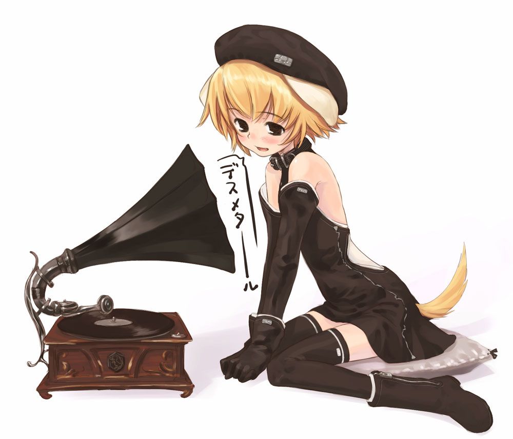 refeia, his master's voice, black legwear, duplicate, translation request, 1girl, animal ears, bare shoulders, beret, blonde hair, blush, boots, collar, deathmetal, dog ears, dog tail, elbow gloves, fine art parody, gloves, hat, miniskirt, open mouth, parody, phonograph, pillow, record, short hair, sitting, skirt, solo, tail, thighhighs, zettai ryouiki, zipper