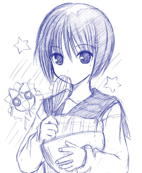 hinaichigo, kashiwaba tomoe, rozen maiden, traditional media, + +, 00s, 2girls, :d, apron, arms up, blue theme, bow, bowl, breasts, cardigan, chibi, cooking, hair between eyes, hair bow, happy, holding, long sleeves, looking at viewer, mixing bowl, mole, mole under eye, monochrome, multiple girls, open mouth, school uniform, serafuku, simple background, sketch, small breasts, smile, star (symbol), symbol-shaped pupils, upper body, whisk