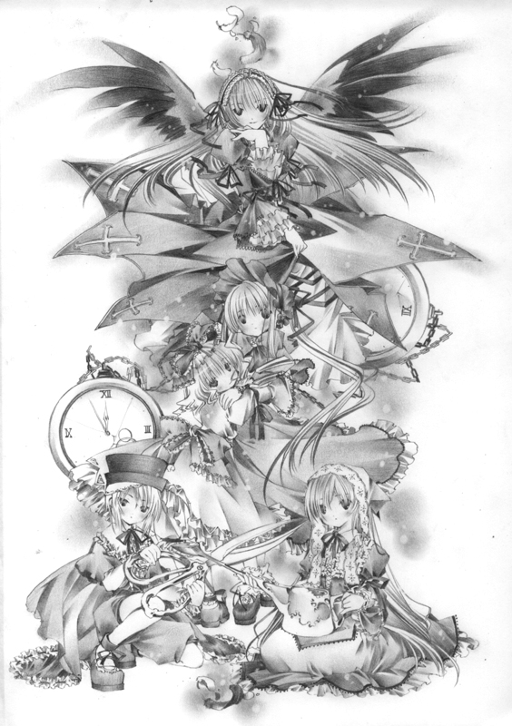 moo (umineko), hinaichigo, shinku, souseiseki, suigintou, suiseiseki, rozen maiden, 00s, 5girls, everyone, feathers, greyscale, monochrome, multiple girls, pocket watch, scissors, siblings, sisters, twins, watch, watering can