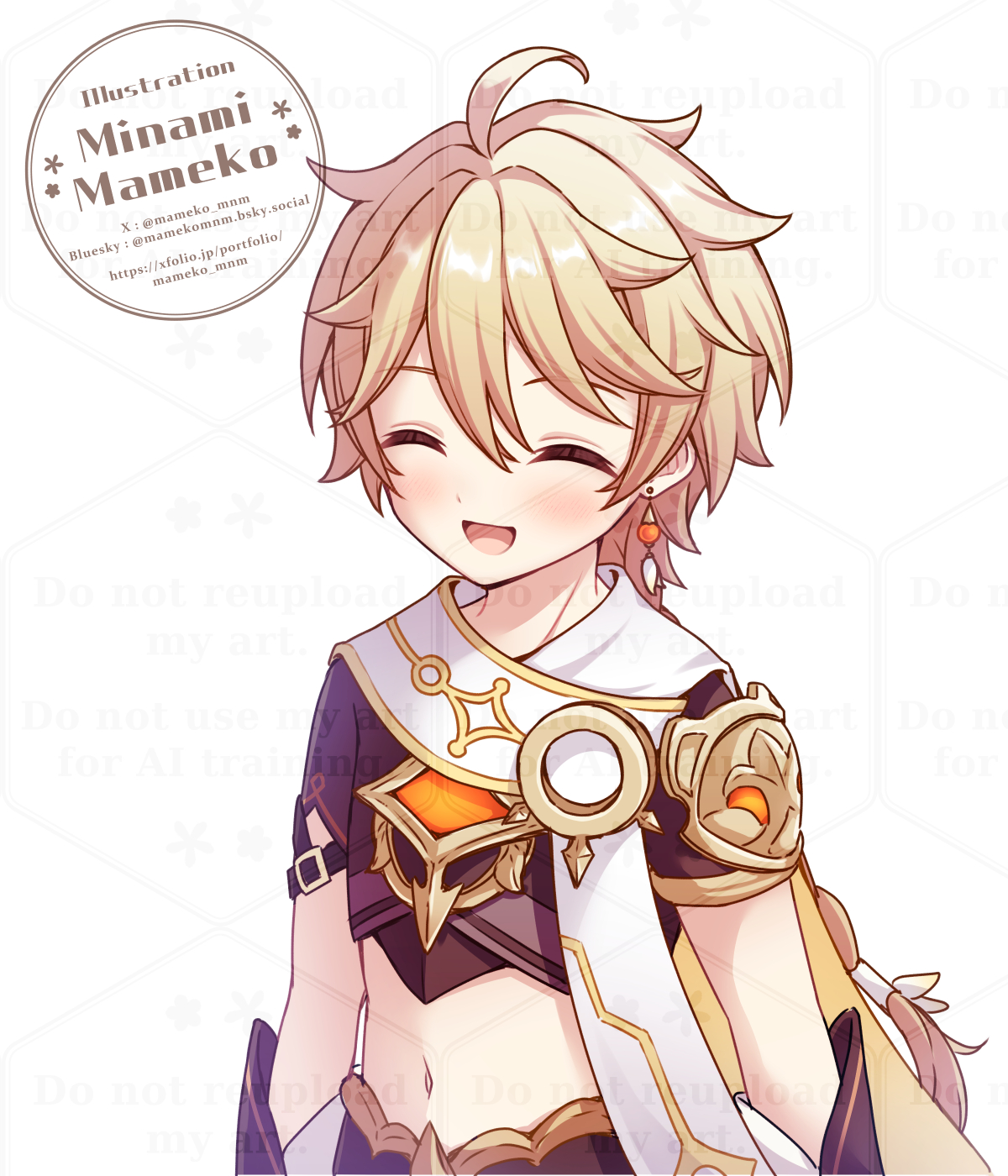 mameko minami, aether (genshin impact), genshin impact, commentary request, highres, 1boy, :d, ^ ^, ahoge, blonde hair, blush, closed eyes, commentary typo, crop top, earrings, hair between eyes, jewelry, long hair, looking at viewer, male focus, midriff, navel, open mouth, parted lips, simple background, smile, solo, upper body, very long hair, watermark, white background