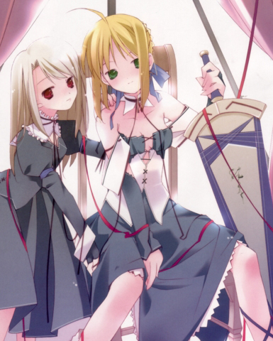 ruroo, artoria pendragon (fate), illyasviel von einzbern, saber (fate), fate/stay night, fate (series), duplicate, lowres, 00s, 2girls, ahoge, alternate costume, black dress, blonde hair, breasts, chair, cleavage, corset, curtains, dress, footwear ribbon, full body, green eyes, holding, holding sword, holding weapon, indoors, long hair, looking at viewer, multiple girls, petticoat, red eyes, ribbon, sitting, small breasts, standing, sword, weapon, window