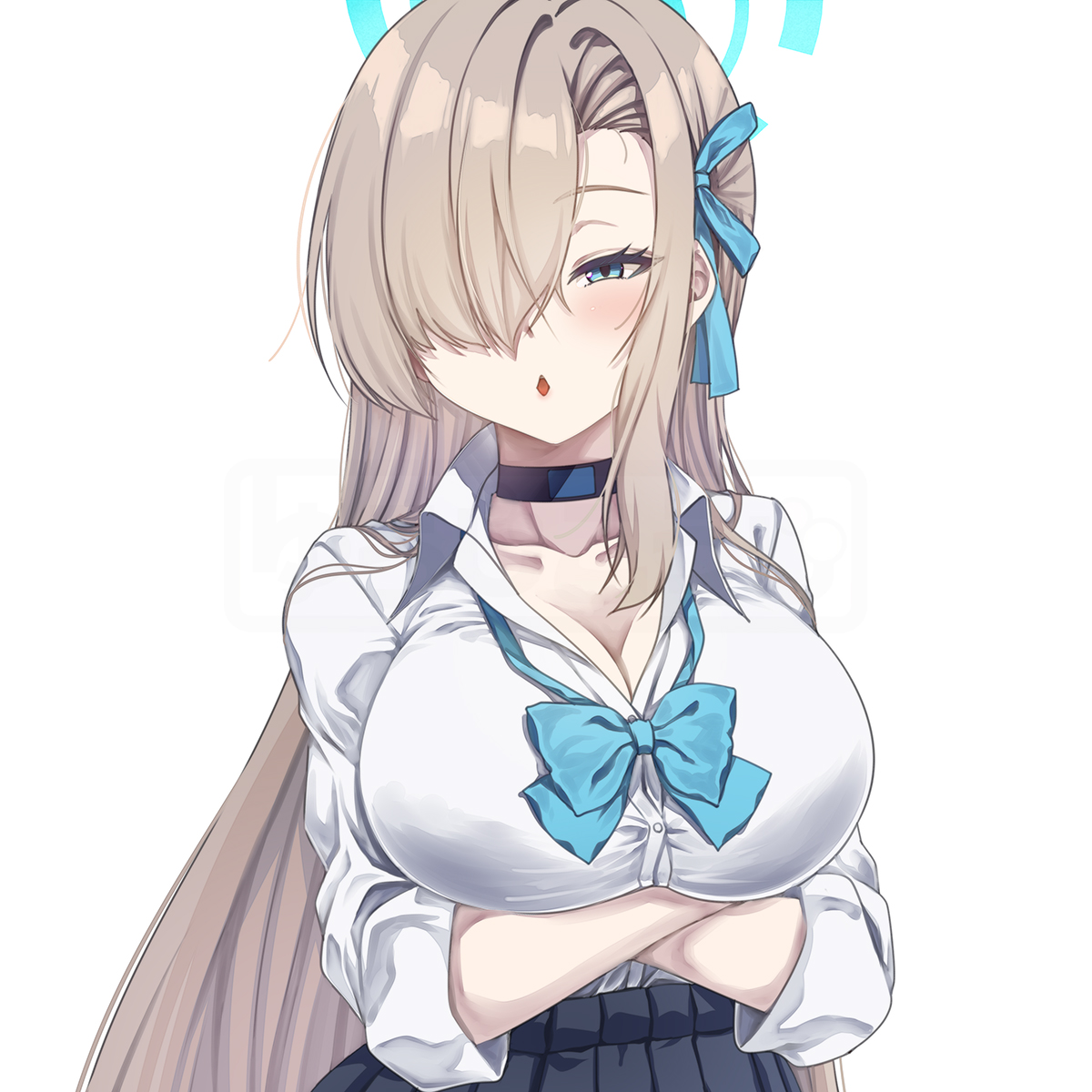 kouji (campus life), asuna (blue archive), asuna (school uniform) (blue archive), blue archive, highres, 1girl, arms under breasts, asymmetrical bangs, black choker, blonde hair, blue bow, blue bowtie, blue eyes, blue halo, blue ribbon, bow, bowtie, breasts, choker, crossed arms, hair over one eye, hair ribbon, halo, large breasts, long hair, loose bowtie, official alternate costume, ribbon, school uniform, shirt, sleeves rolled up, solo, very long hair, white shirt
