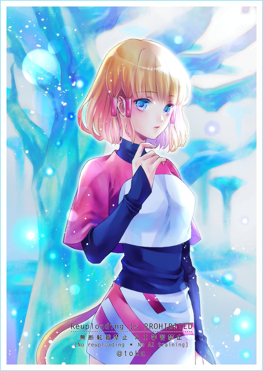 quichi 91, mikoto (ff9), final fantasy, final fantasy ix, 1girl, black shirt, blonde hair, blue eyes, border, breasts, cat tail, cowboy shot, crop top, hair tubes, medium breasts, miniskirt, pink shirt, pink skirt, shirt, shirt under shirt, short hair, sidelocks, skirt, solo, tail, turtleneck, turtleneck shirt, twitter username, two-tone shirt, two-tone skirt, white border, white shirt, white skirt